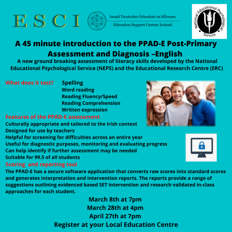PNG of A 45 minute introduction to the PPAD E Post Primary Assessment and Diagnosis English A new ground breaking assessment of literacy skills developed by the National Educational Psychological Service